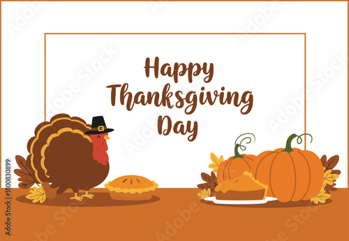 Thanksgiving celebration with cartoon turkey, pumpkin pie, autumn leaves, festive decorations, pilgrim hat, seasonal harvest, holiday greeting card, traditional symbols, white background, brown border