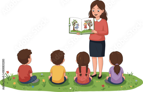 Woman reading picture book, children listening, outdoor storytime, grassy field, educational moment, learning through storytelling, cartoon illustration, nurturing scene, happy kids, nature classroom