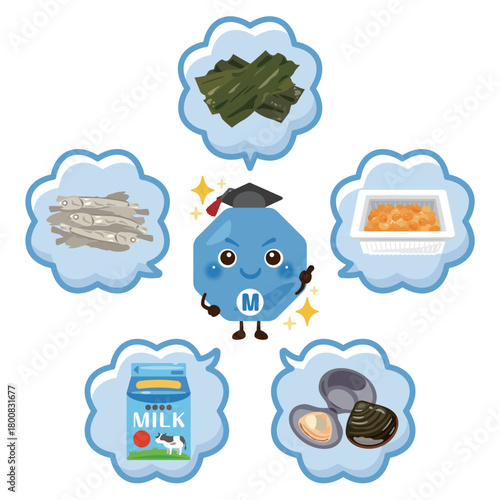 様々なミネラルを多く含む食品とミネラルのキャラクターイラストセット／Character Illustration Set Featuring Mineral - Rich Foods and Mineral Molecules