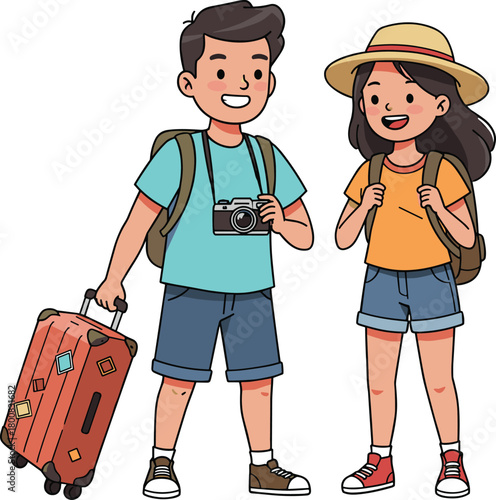 Young travelers with luggage, vacation preparation, summer trip, travel buddies, adventure ready, cartoon tourists, smiling faces, backpack journey, holiday excitement, tourism concept, casual outfit