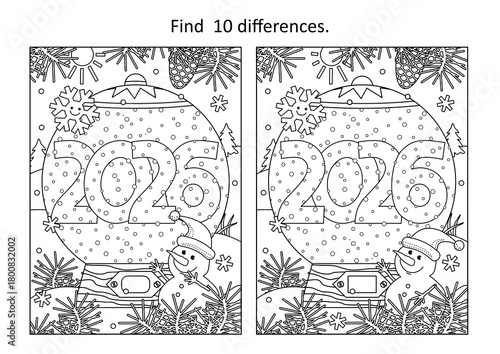 Year 2026 snow globe difference game and coloring page with cute little snowman, cheerful snowflake and outdoor winter scene. Sign, poster, print.
