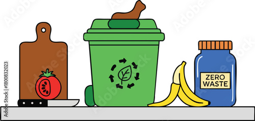 Zero Waste Concept Illustrating Food Scraps For Composting Next To A Recycling Bin