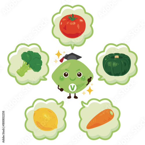 様々なビタミンを多く含む食品とビタミンのキャラクターイラストセット／Character Illustration Set Featuring Vitamin - Rich Foods and Vitamin Molecules