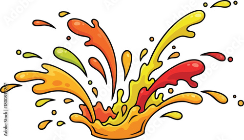 Explosion of Orange Yellow and Red Liquid Splashes against White Background