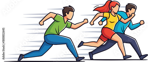 Group Of Three Runners In Fast Motion Speed Lines Background Pixel Art Style