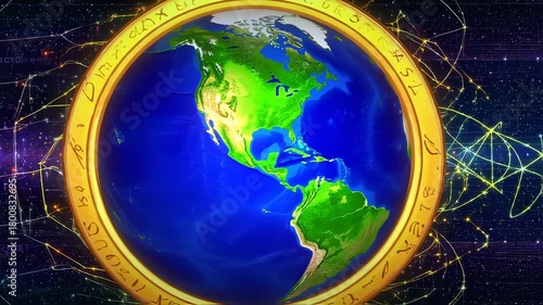 Earth Globe with Golden Frame and Technological Background, Abstract Design Presentation with