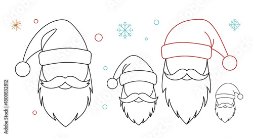 Festive collection of dashed outline Santa Claus faces and hats for holiday designs.