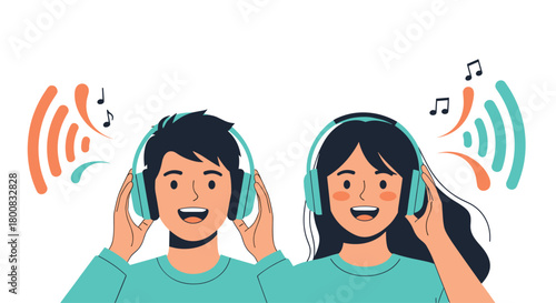 Two young people wearing headphones and enjoying music with sound waves emanating from them.