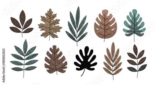 A collection of ten textured botanical illustrations featuring diverse leaf shapes and earthy color palettes.