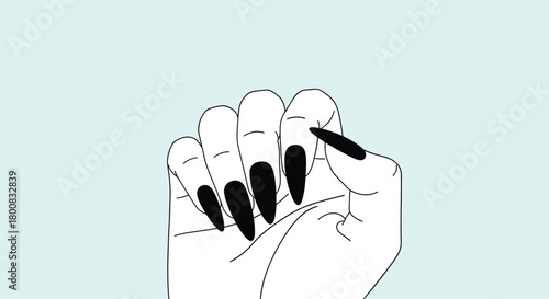 A close up shot of a hand with black painted nails scratching itself on a light blue background.