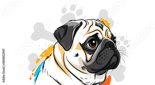 A cute pug dog with a friendly face wearing a colorful bandana and surrounded by paw prints and bones.
