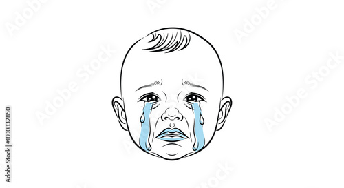 A detailed illustration of a baby's face showing distress and sadness with tears streaming down its cheeks.