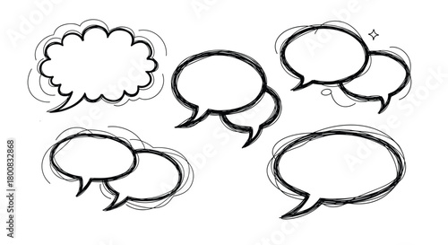 A collection of hand-drawn speech bubbles and thought clouds representing communication and ideas.