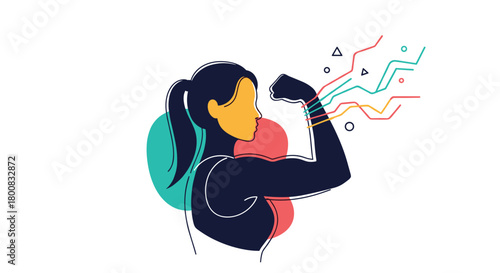 A woman flexing her bicep with colorful abstract shapes and lines in the background.