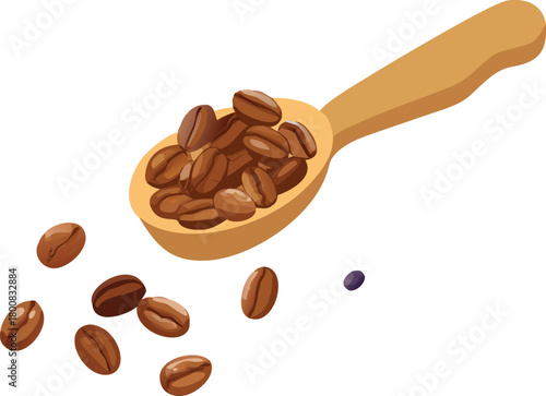 A wooden spoon filled with roasted coffee beans and some scattered around it