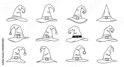 A collection of charming dotted outlines of wizard hats perfect for creative projects and crafting.
