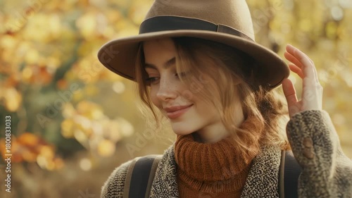 Charming young woman in fall attire poses in vibrant autumn park setting, enjoying the beauty of