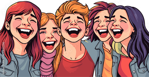 A group of happy young people laughing together, showing friendship and joy, celebrating a moment of fun and camaraderie in their lives.