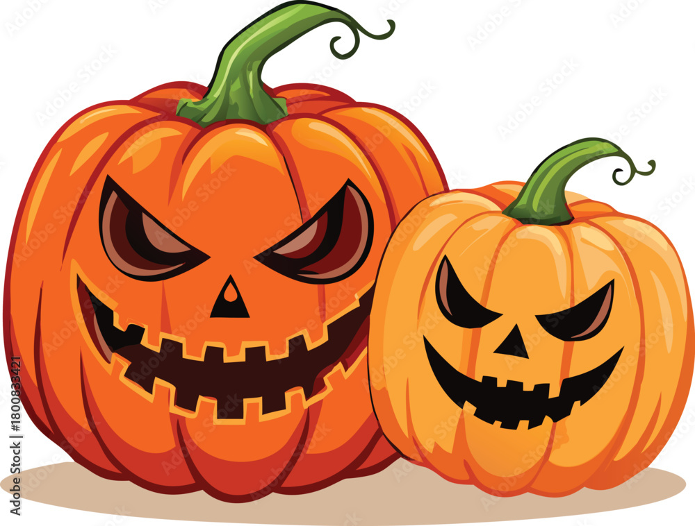 Fototapeta premium Two carved halloween pumpkins with frightening faces are presented against a white background