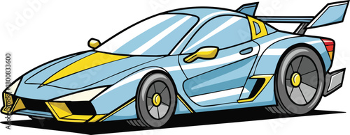 Light Blue Sports Car with Yellow Accents and Spoiler on White Background