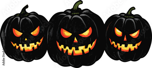 Three black jack o lanterns with glowing orange faces in a row illustration