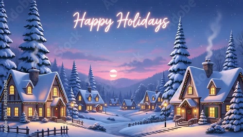Charming snow covered village at dusk illuminated houses pine trees, happy holidays text