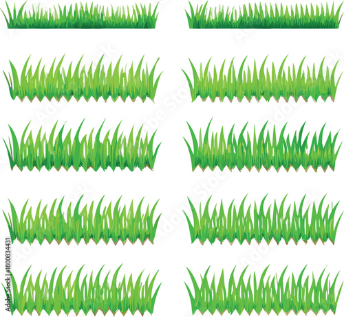 An assortment of vibrant green grass tufts arranged in a grid formation