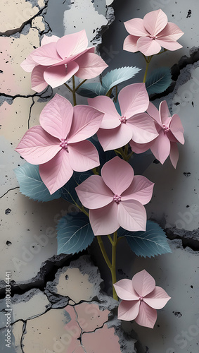 Pink and Purple Paper Flowers Growing Through Cracked Concrete Surface iphone wallpaper
