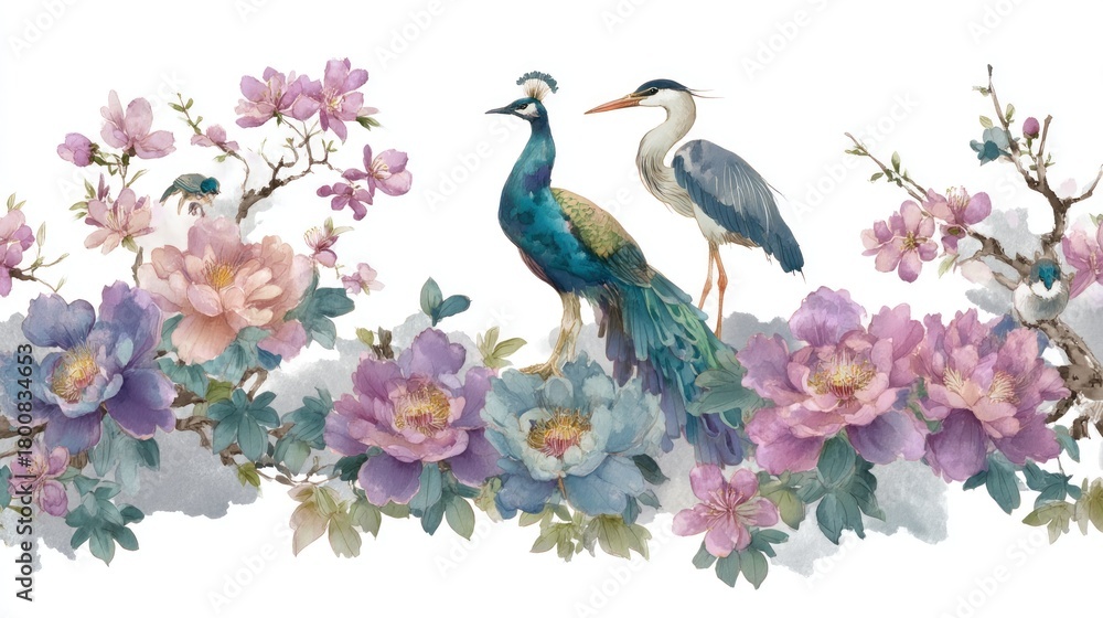 Obraz premium Two peacocks and a heron perched on a branch with pink and purple flowers, set against a white background with soft shadows and highlights, creating a serene and natural ambiance.