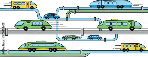 Stylized Transportation Network Featuring Trains Buses and Cars Moving on Elevated Tracks and Roads