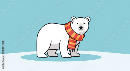 A charming polar bear illustration, standing gracefully with a cozy striped scarf, set against a serene blue backdrop, evoking a sense of winter warmth
