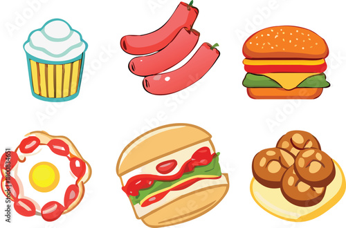 A colorful assortment of tasty treats including cupcakes sausages burgers and doughnuts