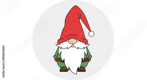 A charming gnome with a red hat and a white beard stands against a soft gray circle, creating a festive and whimsical image isolated on