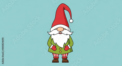 A cheerful christmas gnome with a red hat, white beard, and green coat stands against a light blue background, spreading holiday cheer and joy