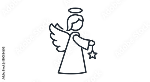 A charming angel with wings and a halo holds a star, isolated on, radiating peace and joy in a minimalist line art style, perfect for holiday designs