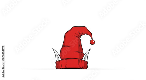 A whimsical illustration of a red elf hat with pointy ears, isolated on, evokes a sense of festive cheer and playful holiday spirit