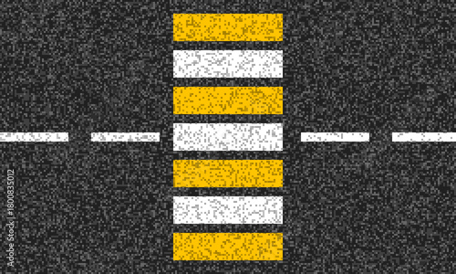asphalt with pedestrian crosswalk lines in middle, horizontal top view road surface vector illustration, two lane pathway with vertical markup