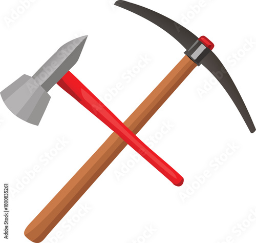 A crossed view of a pickaxe and hammer tools for breaking hard materials