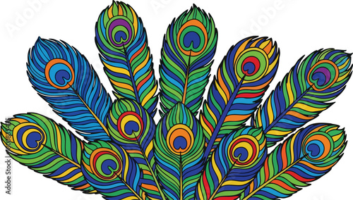 Array Of Colorful Peacock Feathers Detailed Pattern On White Background