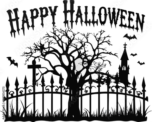 A spooky halloween scene features a graveyard with bats and a haunted castle