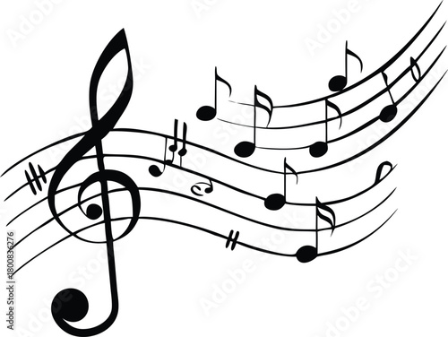 A flowing musical staff with treble clef and scattered notes in black