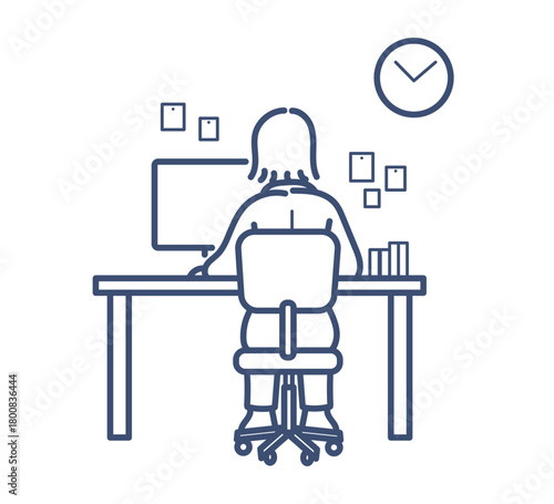 40代女性の働く後ろ姿　線画のみ