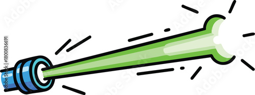 Blue light emitter projecting a bright green laser beam with motion lines on white background