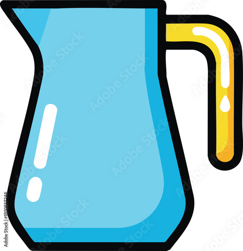Blue Glass Pitcher With Yellow Handle And Black Outline Isolated On White Background Studio Shot