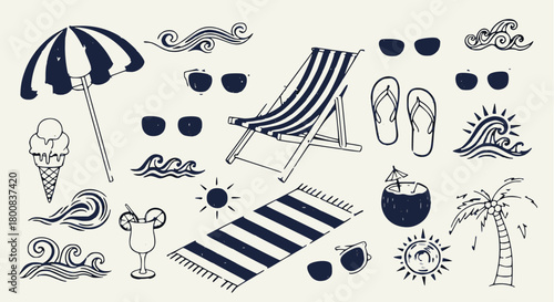 Monochrome hand-drawn beach and summer vacation vector set: striped deckchair, umbrella, waves, sun, sunglasses, flip-flops, palm tree, and tropical drinks elements. 