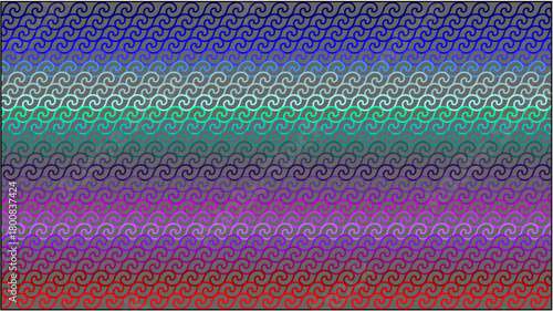 A vibrant seamless geometric pattern featuring repeating curved swirl lines arranged diagonally, with a smooth multicolor gradient transitioning. suitable for backgrounds, textiles, wallpapers.