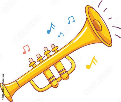 A bright yellow trumpet plays a cheerful melody with musical notes floating around