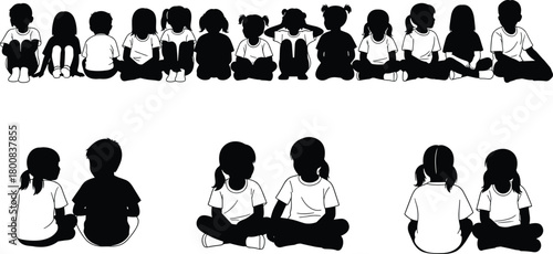 Children sitting silhouette set, large group of kids in a row, boy and girl pairs, preschool or kindergarten class, isolated black vector illustration.