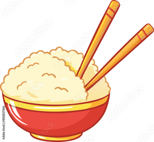 A cartoon illustration of a red bowl filled with white rice and chopsticks