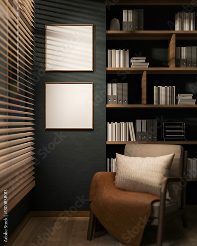 Fototapeta Naklejka Na Ścianę i Meble -  Blank frame on dark green wall and wood armchair aside blind window and bookshelf in dim living room